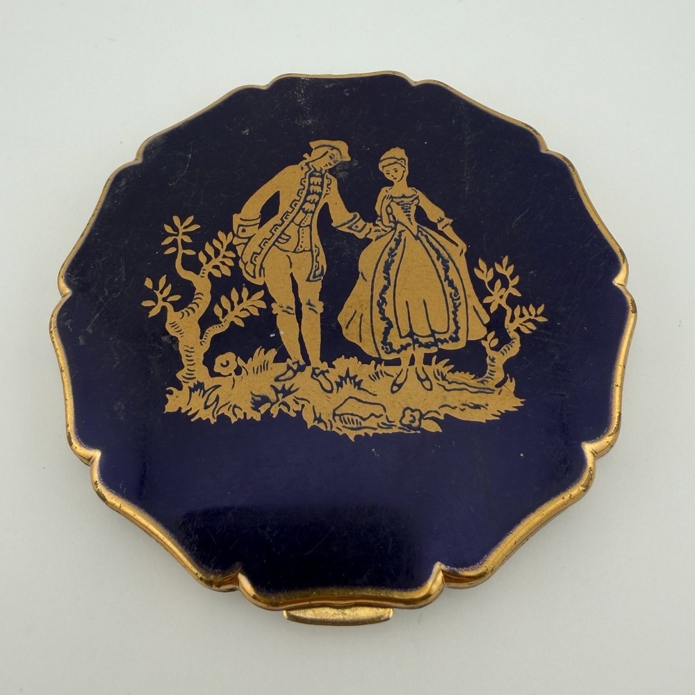 Stratton Vintage Compact Mirror Blue Enamel Gold Romantic Couple Made in England